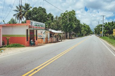 Bulutlu gökyüzü ve dağ manzaralı ormanı geçerken yol.
