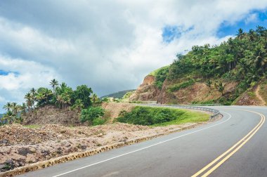 Bulutlu gökyüzü ve dağ manzaralı ormanı geçerken yol.