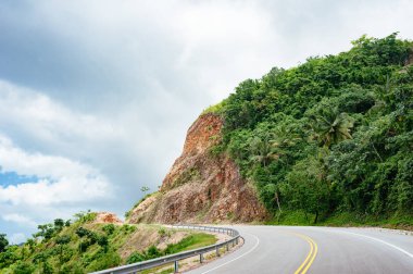 Bulutlu gökyüzü ve dağ manzaralı ormanı geçerken yol.