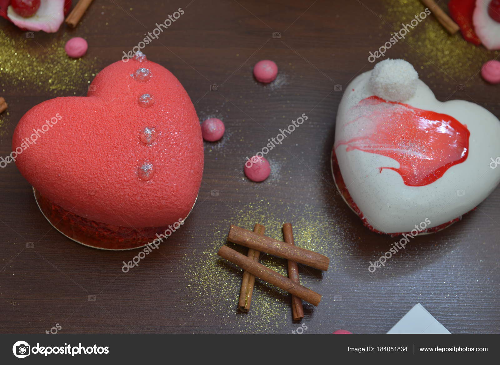 Two Valentine Cakes Wooden Table Cupcakes Decorations Valentines