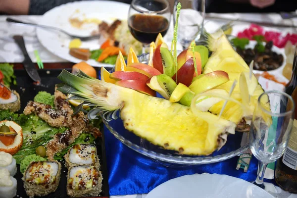 Different appetizer and anti pasti. Fresh tasty seafood served on table. Top view. Close-up. — Stock Photo, Image