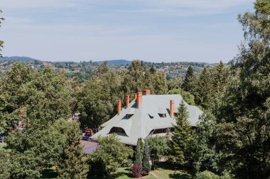 Kırsal alanda yemyeşil tarlalar ve çiftlik evleri var.