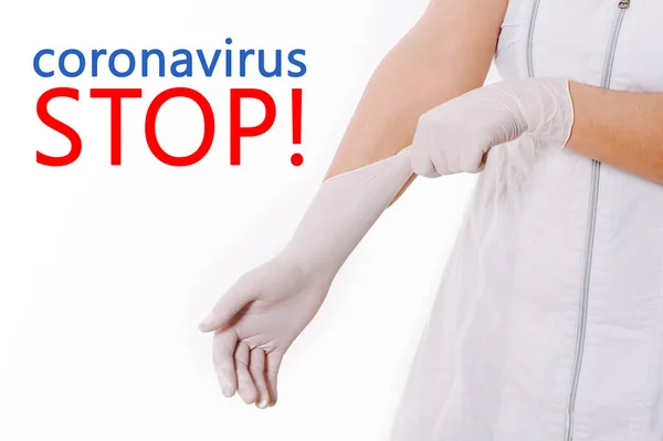 Coronavirus 2019 Ncov Woman Doctor Hands Wears Medical Latex Blue — ストック写真