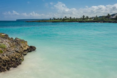 Tropikal Cennet 'teki Palm ve Tropikal plajlar. Dominik Cumhuriyeti, Seyşeller, Karayipler, Filipinler, Bahamalar 'da yaz tatili. Cennet kumsalında dinleniyorlar. Atlantik Okyanusunda Lüks Tatil Köyü.