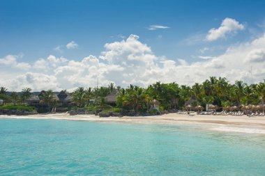 Tropikal Cennet 'teki Palm ve Tropikal plajlar. Dominik Cumhuriyeti, Seyşeller, Karayipler, Filipinler, Bahamalar 'da yaz tatili. Cennet kumsalında dinleniyorlar. Atlantik Okyanusunda Lüks Tatil Köyü