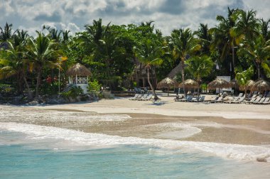 Tropikal Cennet 'teki Palm ve Tropikal plajlar. Dominik Cumhuriyeti, Seyşeller, Karayipler, Filipinler, Bahamalar 'da yaz tatili. Cennet kumsalında dinleniyorlar. Atlantik Okyanusunda Lüks Tatil Köyü