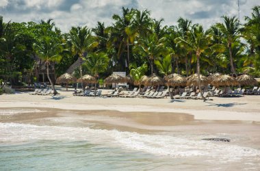 Tropikal Cennet 'teki Palm ve Tropikal plajlar. Dominik Cumhuriyeti, Seyşeller, Karayipler, Filipinler, Bahamalar 'da yaz tatili. Cennet kumsalında dinleniyorlar. Atlantik Okyanusunda Lüks Tatil Köyü