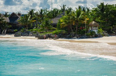 Tropikal Cennet 'teki Palm ve Tropikal plajlar. Dominik Cumhuriyeti, Seyşeller, Karayipler, Filipinler, Bahamalar 'da yaz tatili. Cennet kumsalında dinleniyorlar. Atlantik Okyanusunda Lüks Tatil Köyü