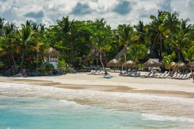 Tropikal Cennet 'teki Palm ve Tropikal plajlar. Dominik Cumhuriyeti, Seyşeller, Karayipler, Filipinler, Bahamalar 'da yaz tatili. Cennet kumsalında dinleniyorlar. Atlantik Okyanusunda Lüks Tatil Köyü