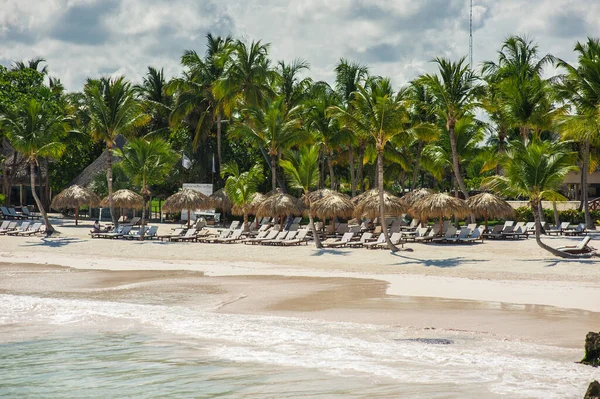 Tropikal Cennet 'teki Palm ve Tropikal plajlar. Dominik Cumhuriyeti, Seyşeller, Karayipler, Filipinler, Bahamalar 'da yaz tatili. Cennet kumsalında dinleniyorlar. Atlantik Okyanusunda Lüks Tatil Köyü