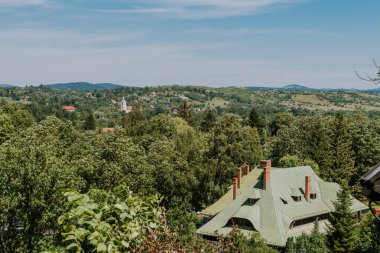 Kırsal alanda yemyeşil tarlalar ve çiftlik evleri var.