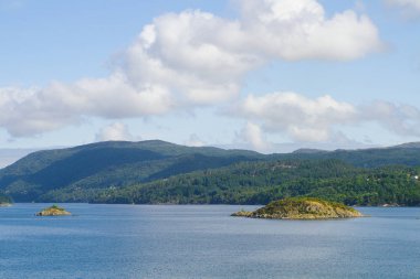 Norveçli yeşil tepelere su görünümü 
