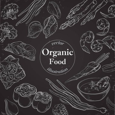 Yazı tahtası çizilmiş gıda topluluğu. Kara tahta üzerinde organik Restoran arka plan şablonu.
