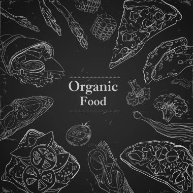 Yazı tahtası çizilmiş gıda topluluğu. Kara tahta üzerinde organik Restoran arka plan şablonu.