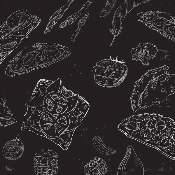 Collection de nourriture dessinée à la main sur tableau noir. Modèle de fond de restaurant biologique sur tableau . — Image vectorielle