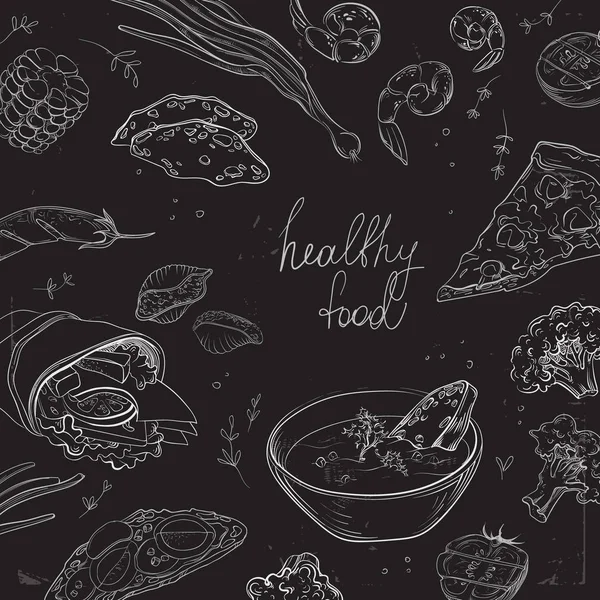 Sammlung handgezeichneter Lebensmittel auf einer Tafel. Bio-Restaurant Hintergrundvorlage auf Tafel. — Stockvektor