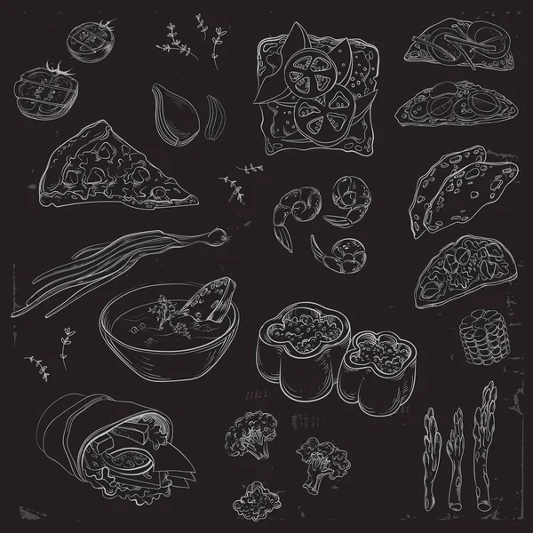 Συλλογή τροφίμων χέρι στο blackboard. Μαυροπίνακας πρότυπο βιολογικό εστιατόριο φόντο. — Διανυσματικό Αρχείο