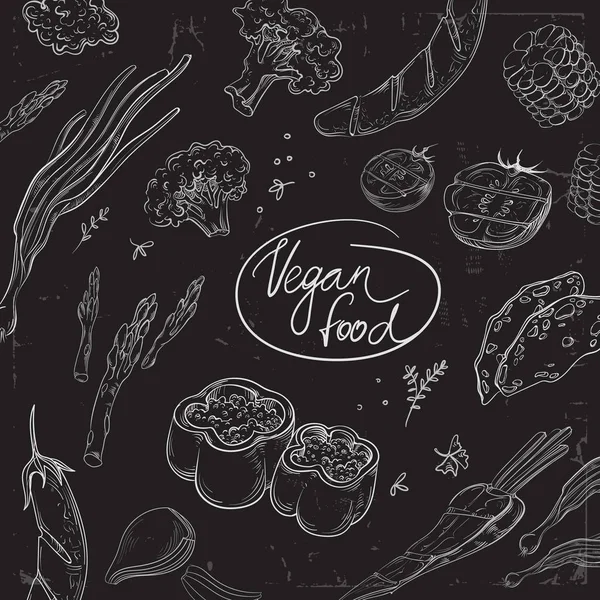Raccolta di cibo disegnato a mano sulla lavagna. Modello di sfondo del ristorante biologico sulla lavagna . — Vettoriale Stock