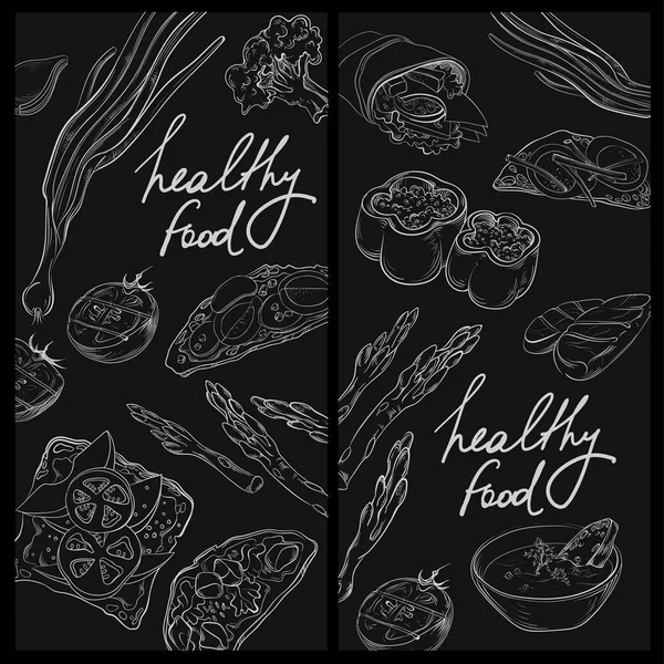 Συλλογή τροφίμων χέρι στο blackboard. Μαυροπίνακας πρότυπο βιολογικό εστιατόριο φόντο. — Διανυσματικό Αρχείο