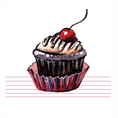 Suluboya cupcakes. El çekilmiş, retro tarzı. Vektör çizim.