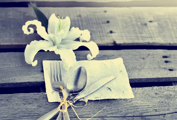 Apparecchiatura della tavola con posate e fiori — Foto Stock