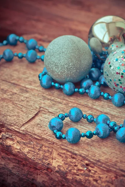 Blue Beaded Necklace Silver Balls Christmas Tree Wooden Table — Stock Photo, Image