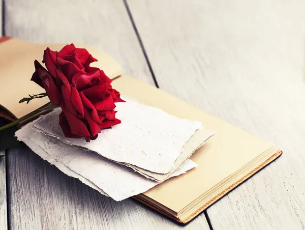 Czerwona róża na książki — Zdjęcie stockowe