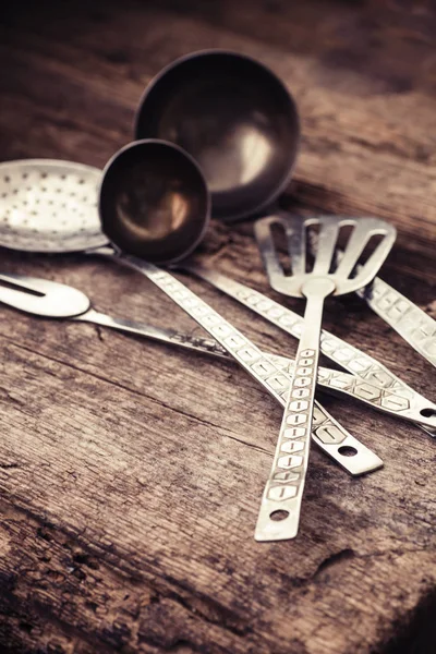 Vintage Kitchen Utensils Rustic Wood Background Close — Stock Photo, Image