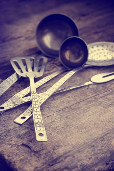 Vintage Kitchen Utensils Rustic Wood Background Close — Stock Photo, Image