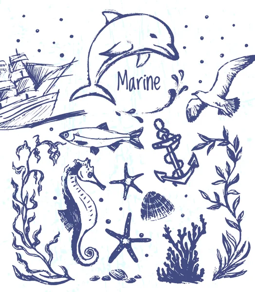Colección dibujada a mano de tinta del mundo marino — Vector de stock