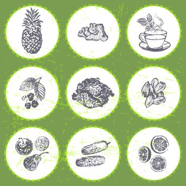 Yağ brülörleri meyve ve sebzeler mürekkep el çekilmiş 