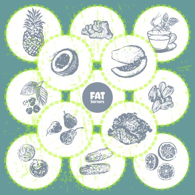 Yağ brülörleri meyve ve sebzeler mürekkep el çekilmiş 