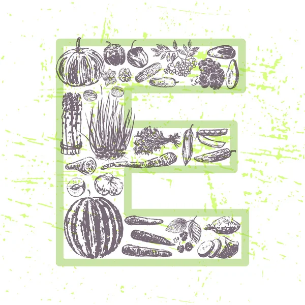 Ink hand drawn fruits and vegetables that contain vitamin E — Stock vektor
