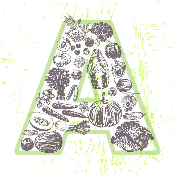 Ink hand drawn fruits and vegetables that contain vitamin A — Stockový vektor