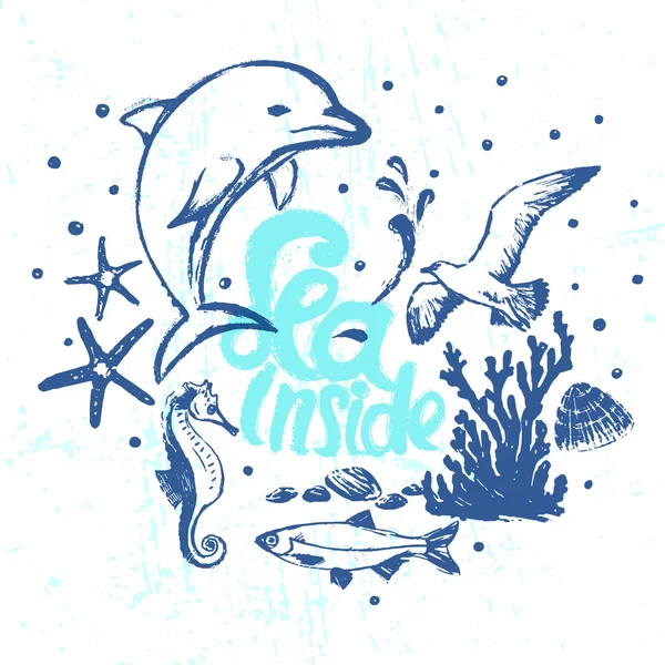 Ink hand drawn Sea inside vector card with marine flora and faun — Stock vektor