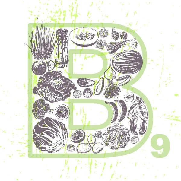 Tinta extraída a mano de frutas y verduras que contienen vitamina B9 — Vector de stock