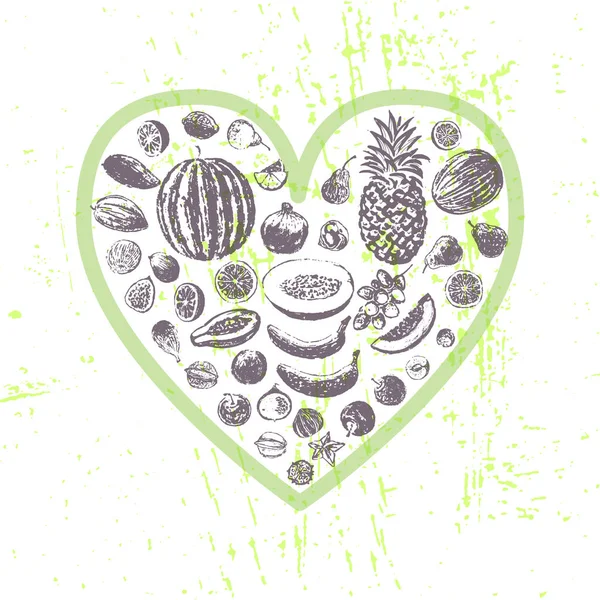 Tinta mano frutas dibujadas en forma de corazón — Archivo Imágenes Vectoriales