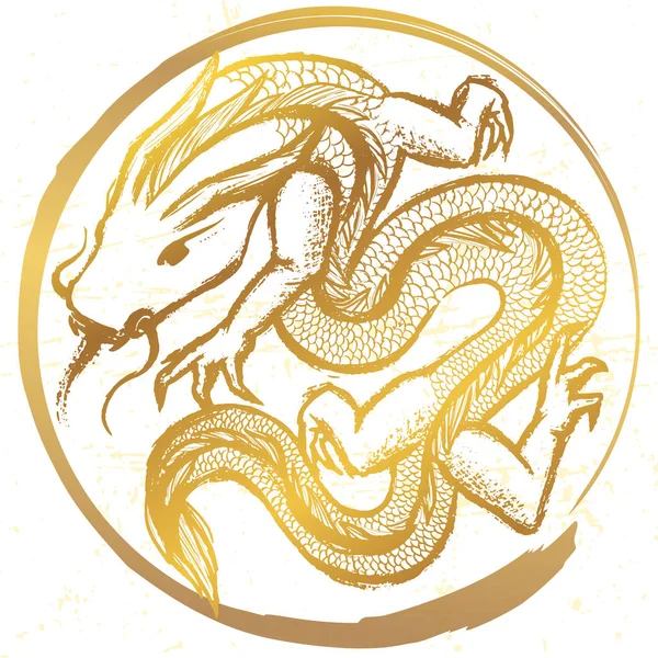 Emblema redondo de dragón chino estilizado dibujado a mano de tinta — Vector de stock