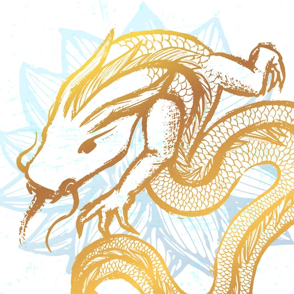 Tinta mão desenhada estilizado chinês dragão ilustração na água lil —  Vetores de Stock