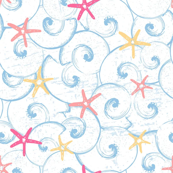 Tinta dibujado a mano patrón sin costuras con conchas marinas y estrellas de mar — Vector de stock