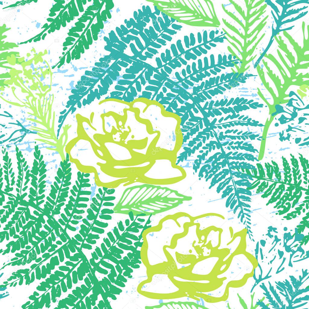Ink hand drawn green foliage seamless pattern with fern and rose