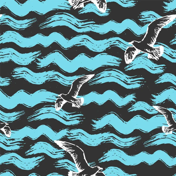 Чорнило намальоване рукою абстрактний морський безшовний візерунок з хвилями і чайками — стоковий вектор