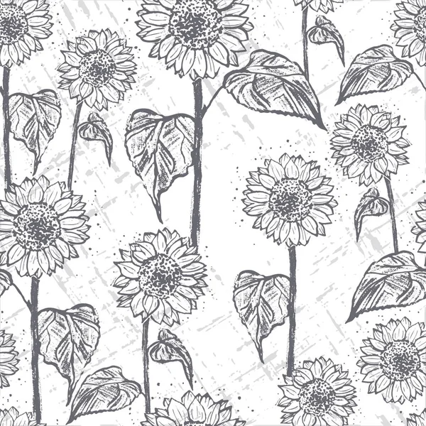 Inkt hand getekende naadloze patroon met zonnebloemen — Stockvector