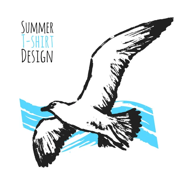 Zomer T-shirt Design met vliegende zeemeeuw — Stockvector