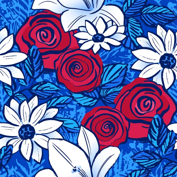 Mürekkep el çekilmiş 4 Temmuz Bağımsızlık günü seamless modeli çiçekli