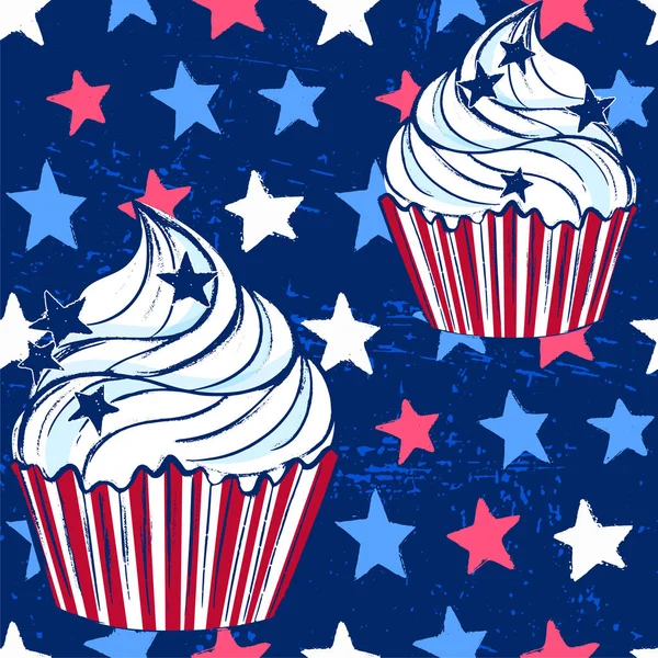 Ink hand drawn vector cupcake seamless pattern on 4th of July — Stock Vector