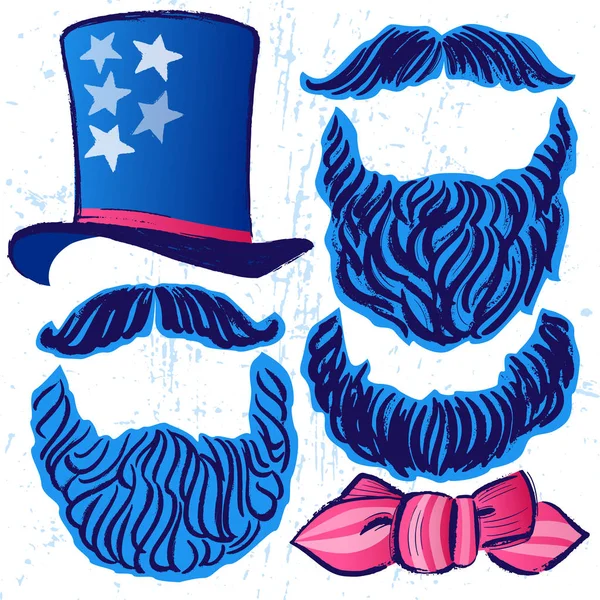 Conjunto de vector dibujado a mano de tinta de sombrero alto, corbata de lazo, barbas y bigotes — Vector de stock