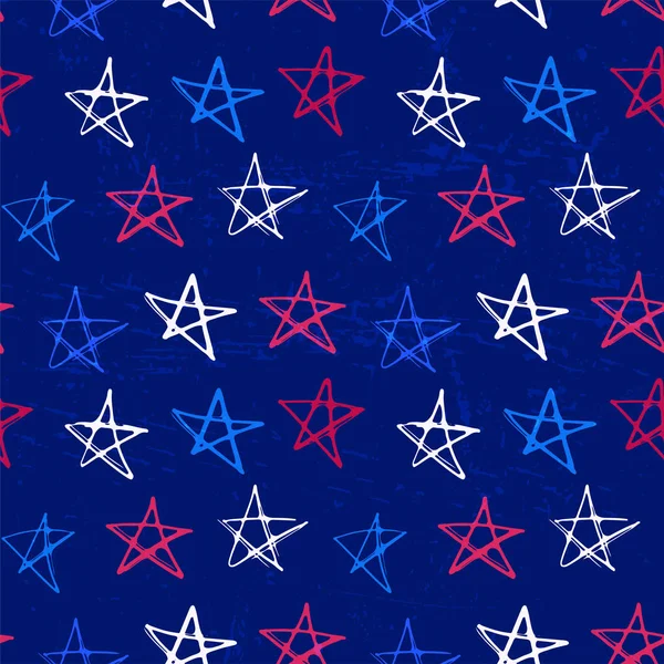 Ink hand drawn seamless pattern with stars in colors of July 4th — Stock Vector