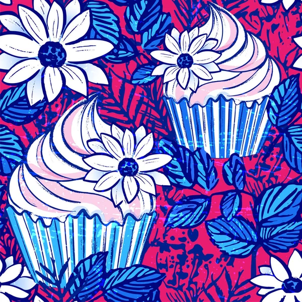 Mürekkep el vektör cupcake Dikişsiz desen 4 Temmuz çekilmiş. 