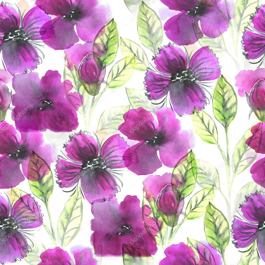 Watercolor seamless pattern with purple flowers